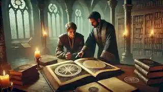 The Sorcerer and Lukas study the Grimoire of Elders together in the tower.