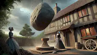 A millstone falls from the sky onto the shocked stepmother outside a medieval house with a juniper tree nearby.