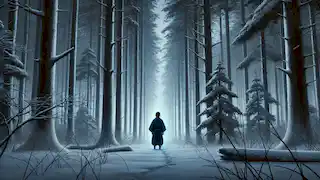 Minokichi stands alone in a snow-covered forest at dusk, calling out for Oyuki as shadows deepen around him.