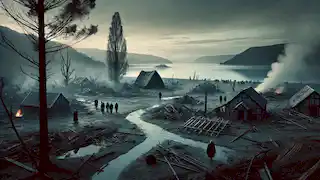 Ash-covered ruins of Te Wairoa, with survivors walking through the desolate landscape after the eruption.