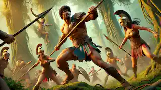  Heracles fights Amazon warriors in a forest, wielding his club amidst a fierce battle.