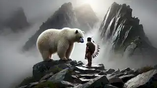 A young Native American boy meets the massive white Spirit Bear on a misty mountain summit.