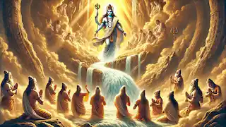 The descent of the river Ganga from Shiva’s hair, as the Seven Sages guide her to Earth under divine light.