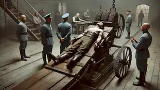 The execution machine begins its grim operation as the Officer watches proudly and the traveler looks away in horror.