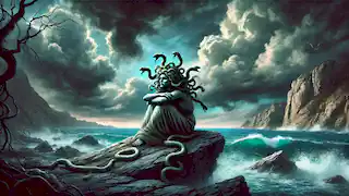 Medusa, now with snakes for hair, sitting in solitude on a rocky island surrounded by rough seas and dark clouds.