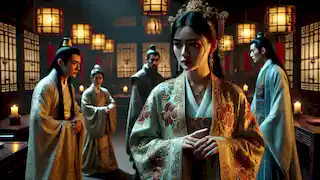 Diao Chan in a palace chamber, manipulating Dong Zhuo and Lü Bu with her beauty amidst glowing lanterns.