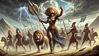 Sekhmet, in lioness form, leading Egyptian warriors into battle across the desert, storm clouds gathering overhead.