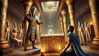 Seth invites Osiris to a feast, standing beside a jewel-encrusted chest in an Egyptian palace.