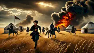 Samai runs from his burning village as Khasar’s warriors attack, smoke and fire filling the sky.