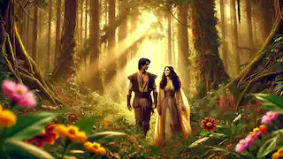 Maria Makiling and Kapitan walk together through a vibrant forest filled with flowers, bathed in warm sunlight.