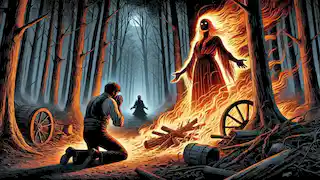 Andrés kneels and confesses his sins before La Candileja, surrounded by swirling flames in the forest.