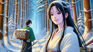 Minokichi meets Oyuki in a snow-covered forest; she smiles warmly, dressed in a white kimono, as he approaches cautiously.