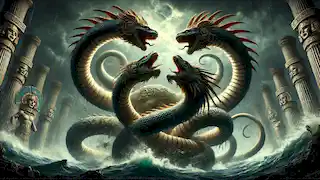 Serpent forms of Tezcatlipoca and Quetzalcoatl battling the sea monster Cipactli.