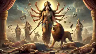 Durga stands victorious with her weapons, surrounded by the fallen generals of Mahishasura as her lion roars.