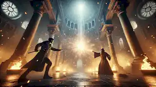 Two powerful wizards clash in a grand hall, with sparks of magic and energy flying around them.