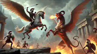  Bellerophon rides Pegasus in mid-flight, hurling a spear at the fiery Chimera below in a rugged and smoky landscape.