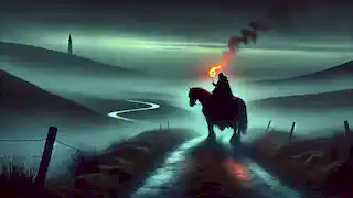 The Dullahan rides away into the fog, his glowing head visible as he disappears into the misty landscape.