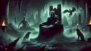 Hades on a dark throne with Cerberus beside him, surrounded by mist and drifting souls in the eerie Underworld.