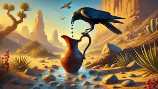 A crow dropping pebbles into a pitcher to raise the water level.