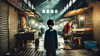 A boy stands in a near-empty bazaar, looking disappointed as the dim lights cast long shadows over the stalls.