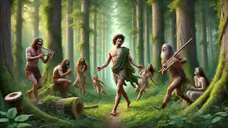 Young Dionysus wanders through a lush forest with satyrs and nymphs, dancing joyfully.