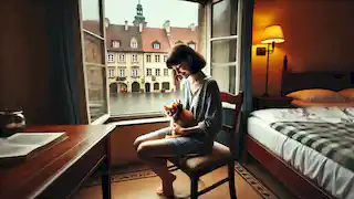 American woman sits by the window inside a hotel room, holding a small wet cat, while her husband reads in the background.