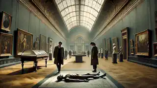 Robert Langdon and Sophie Neveu discover Jacques Saunière's body in the Louvre positioned as the Vitruvian Man.