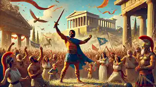 Theseus returns to Athens, greeted by cheering crowds, banners flying, and flowers being thrown in celebration of his victory.