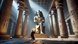 Amenu placing the glowing scarab in the hands of the massive statue of Khepri inside the grand Temple of Heliopolis.