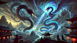 The Blue Dragon battles a shadowy serpent in the sky above a Chinese village, watched by awestruck villagers.