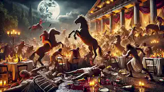 A chaotic battle at a Greek wedding as centaurs clash with humans amidst overturned tables and spilled wine.