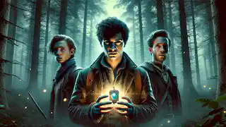 Three young wizards stand in a misty forest, holding a glowing locket, with determined expressions.