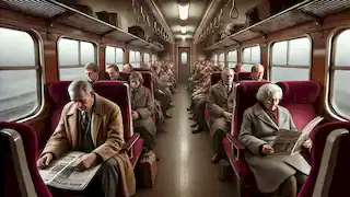 Crowded train compartment, passengers lost in thought, viewed from the couple's perspective