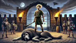 Cú Chulainn standing over the defeated hound of Culann, with a torch-lit entrance and a twilight sky in the background.