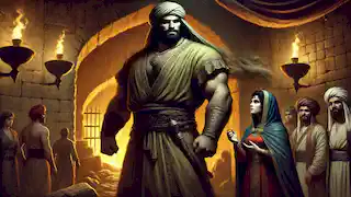 Rostam disguised as a merchant, standing with Manijeh near the dungeon entrance, planning Bijan’s rescue.