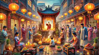 Families gather at altars with food and incense, while a Taoist priest conducts rituals during the Hungry Ghost Festival