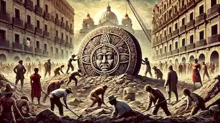 Workers rediscovering the Aztec Sun Stone in Mexico City's plaza, with people watching in awe amid colonial-era architecture.