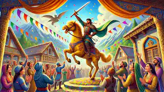 Rustam atop his steed, Rakhsh, triumphantly returning to a cheering village under bright banners and a sunny sky.