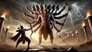 Phra Ram confronts Tosakanth, the ten-headed demon king, during a fierce battle under a stormy sky.