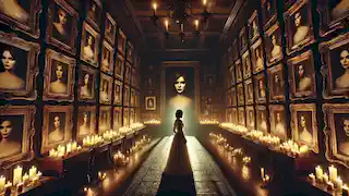 A dimly lit chamber with portraits of women hanging on the walls as the bride looks in shock at a lifelike painting.