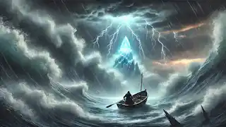 A fisherman braves a stormy sea in a small boat, surrounded by waves and lightning, drawn to a glowing crystalline shell.