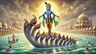 Krishna performs a divine dance on Kaliya’s head, subduing the serpent as the waters of the Yamuna begin to clear.