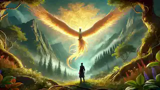 Darius stands in awe beneath a glowing golden tree as the majestic Huma bird soars above him in the hidden valley.