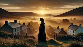 Saoirse O'Connor stands at the edge of her village at dusk, gazing out at the misty hills in quiet reflection.