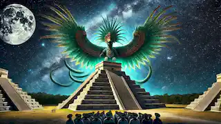 Kukulkan, as a feathered serpent, descends from the night sky above the Temple of Kukulkan in Chichen Itza.