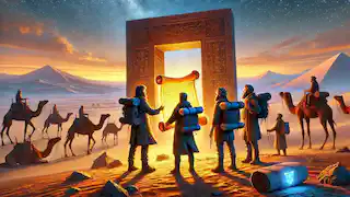 The archaeological team stands outside the closed obsidian gate at dawn, holding a glowing scroll.