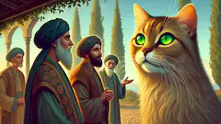 Three wise men stand before the mystical Persian cat, seeking ancient wisdom under the trees of Shahrazad.