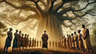 The first Guardians of the Baobab tree stand in a protective circle under its branches, ready to fulfill their sacred duty.