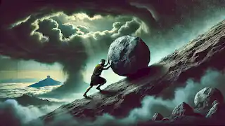 Sisyphus strains to push a massive boulder up a steep hill in the underworld, under dark swirling clouds, in an oppressive landscape.