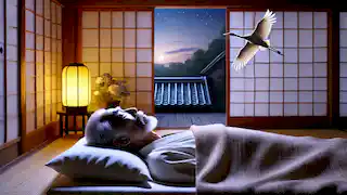 An elderly Takashi lying on his deathbed, with a crane flying outside the window.